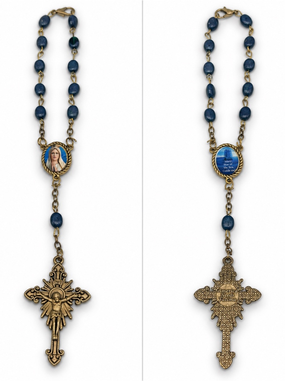 Vintage 80s America Needs Fatima Star of the Sea Blue Bead Rosary